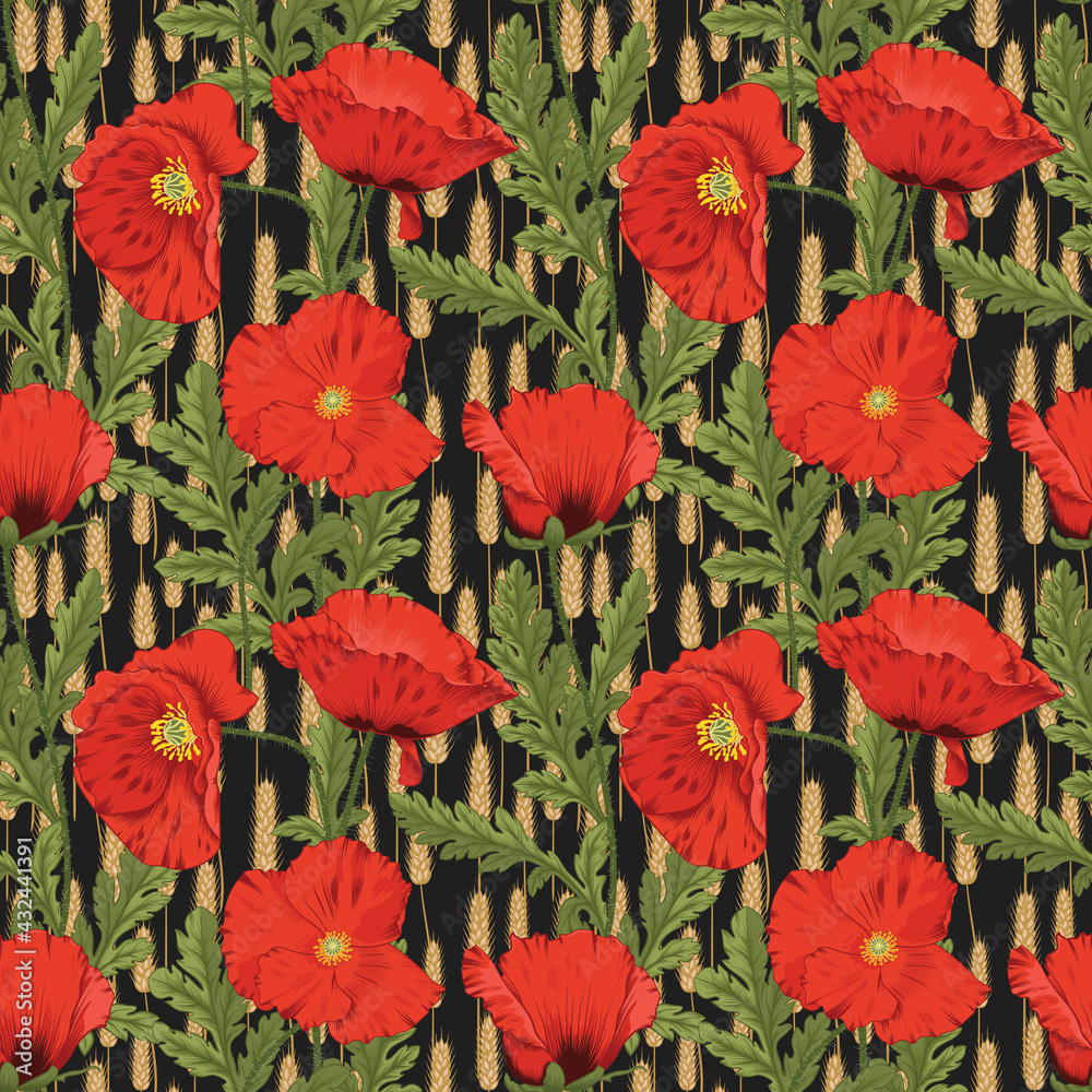 Seamless Papaver Rhoeas Flowers with Wheat Stalks  Pattern