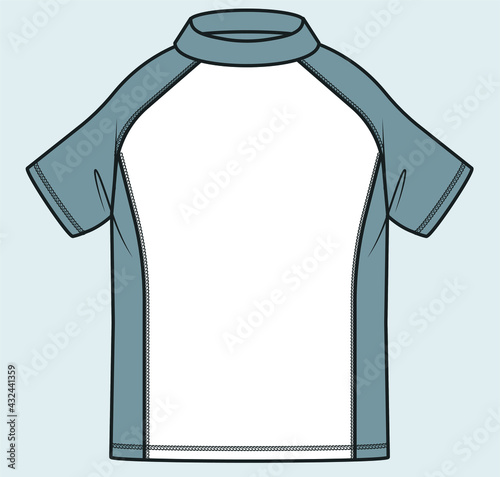 Sun and Swim Shirt.  Swimsuit t shirt. Swim T-Shirt flat sketch vector for kids