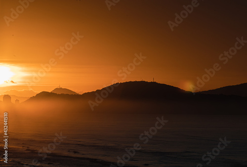 Sunrise. Orange sky, beach, Brazil, São Paulo.