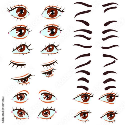 Set of vector eyes and eyebrows at different angles for character animation. Various facial expressions of the eyes. Facial expression.