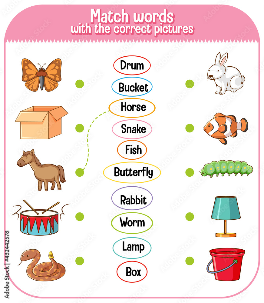 Fototapeta premium Match words with the correct pictures game for kids
