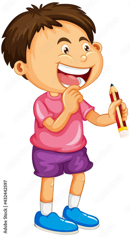 Happy boy cartoon character holding a pencil Happy boy cartoon character holding a pencil