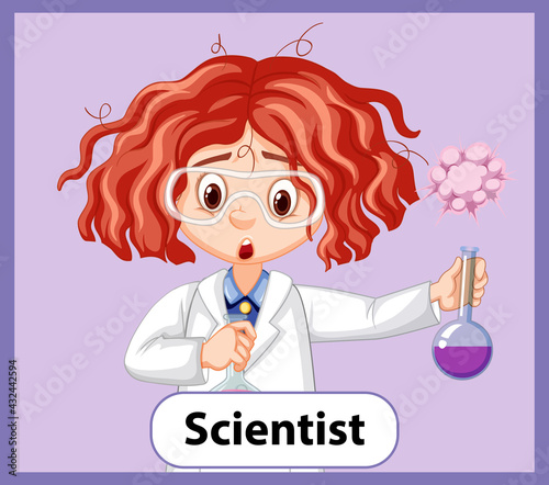 Educational English word card of scientist girl with messy hair