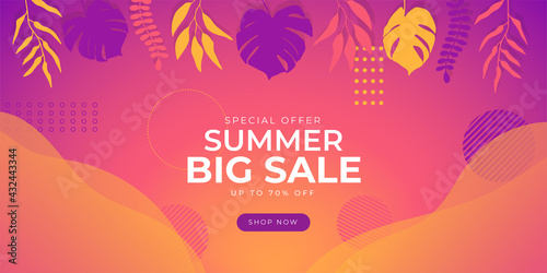 Summer sale vector banner design with colorful beach elements and sale text in white space and blue beach background