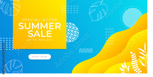 Summer sale vector banner design with colorful beach elements and sale text in white space and blue beach background