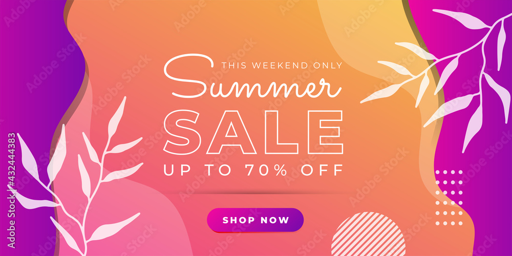 Naklejka premium Summer Sale promo web banner. Top view on sun glasses, watermelon pieces, cocktail, smartphone, orange and seashells on wooden texture. Vector illustration with spesial discount offer.