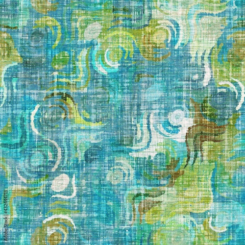 Rustic sea green mottled linen woven texture. Seamless printed fabric pattern for tropical coastal style. Interior textile background. Mottled colorful turquoise dye stains. Vibrant summer home decor 