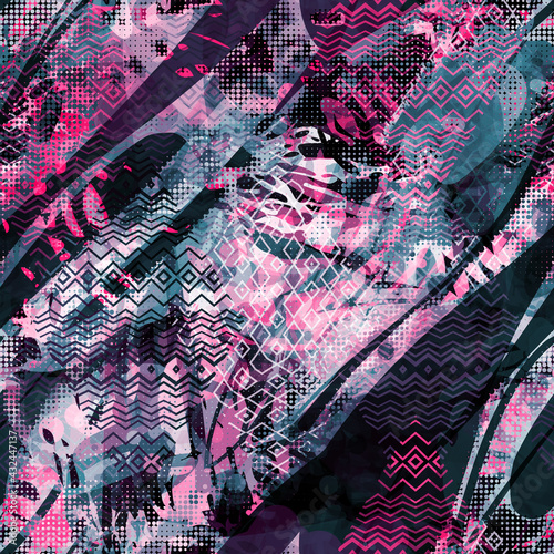 Blue and pink seamless texture with geometric ornament, halftone and different shape. Artistic vector background for web page, banners backdrop, fabric, home decor, wrapping