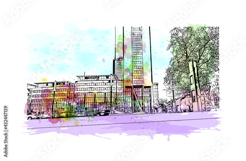 Building view with landmark of Essen is a city in western Germany. Watercolor splash with hand drawn sketch illustration in vector.