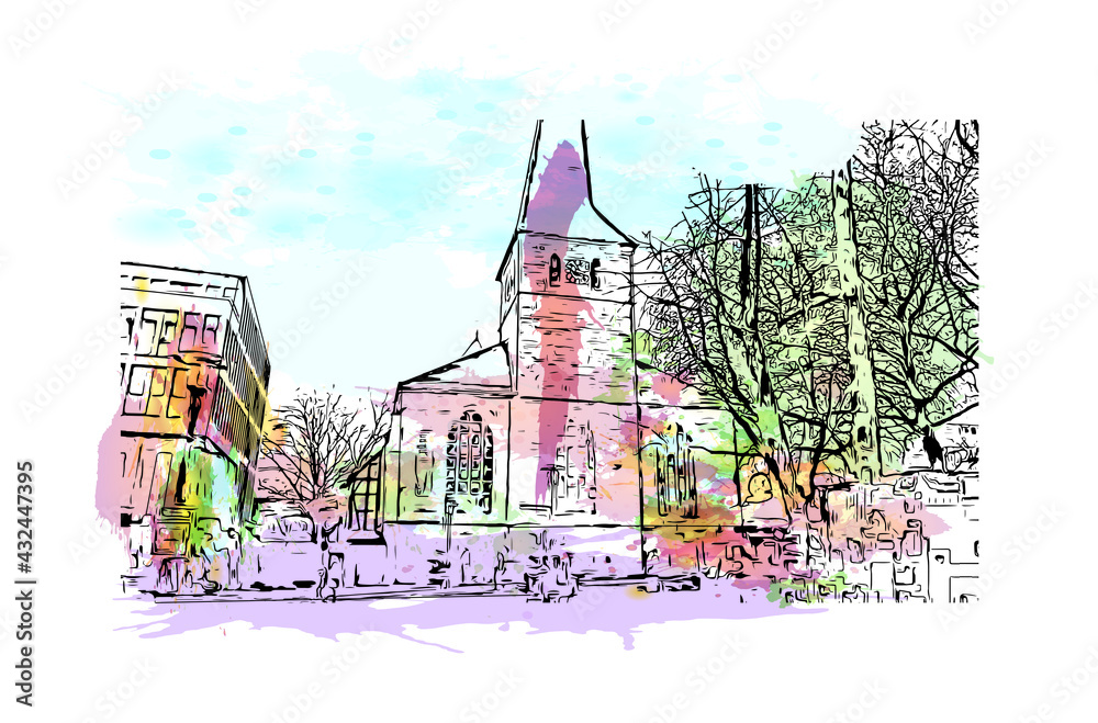 Building view with landmark of Essen is a city in western Germany. Watercolor splash with hand drawn sketch illustration in vector.