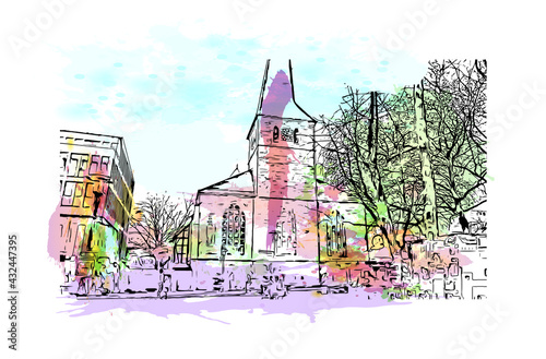 Obraz na płótnie Building view with landmark of Essen is a city in western Germany. Watercolor splash with hand drawn sketch illustration in vector. w salonie
