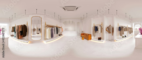 3d render of woman fashion shop, 360 Degrees Virtual Reality.