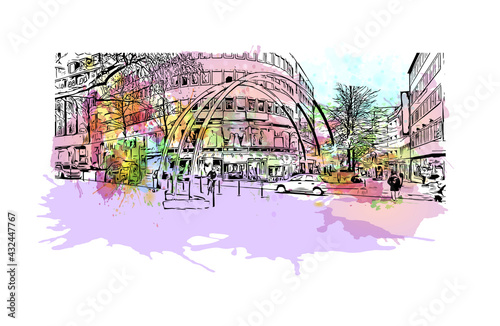 Building view with landmark of Essen is a city in western Germany. Watercolor splash with hand drawn sketch illustration in vector.