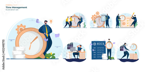 Time management illustration set with office workers work with deadlines concept