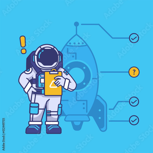 cute astronaut mascot cartoon character checking and maintenance setting rocket concept illustration