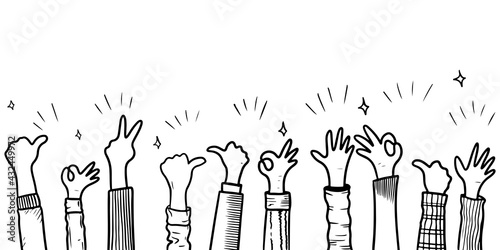 Hand Drawn sketch style of applause, thumbs up gesture. Human hands clapping ovation. on doodle style, vector illustration.
