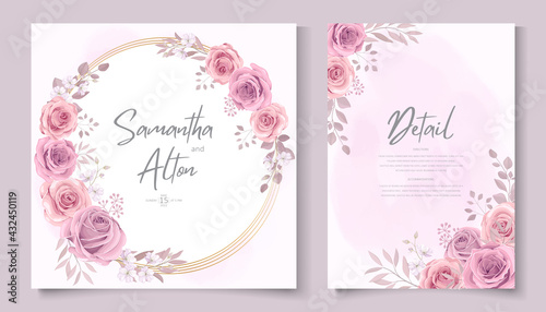 Hand drawn blooming rose flower wedding invitation template design