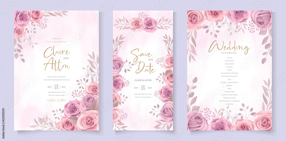 Hand drawn blooming rose flower wedding invitation template design