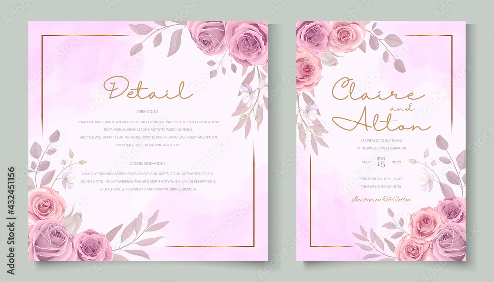 Hand drawn blooming rose flower wedding invitation template design