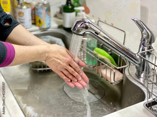 キッチンのシンクで洗う手