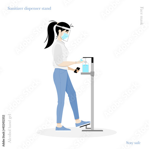 Women using sanitizer dispenser with foot operated to avoid touching with hand for prevent infection of Covid-19 virus. Vector illustration