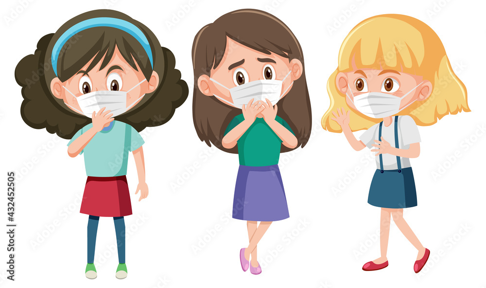 Set of different kids wearing mask cartoon character