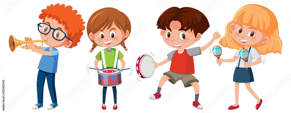 Set of different kids playing musical instruments Set of different kids playing musical instruments