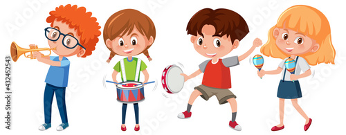 Set of different kids playing musical instruments