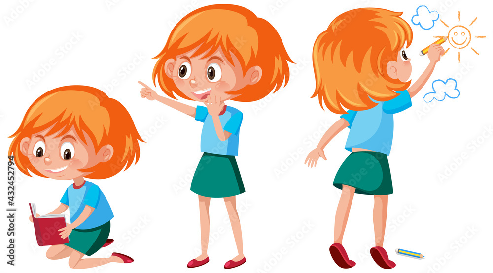 Set of a girl cartoon character doing different activities Set of a girl cartoon character doing different activities