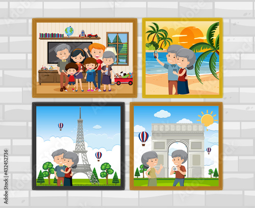Family photo frames hanging on the wall