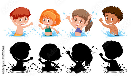 Set of different kids cartoon character in the water on white background