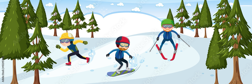 Many skiers in snow forest horizontal landscape scene