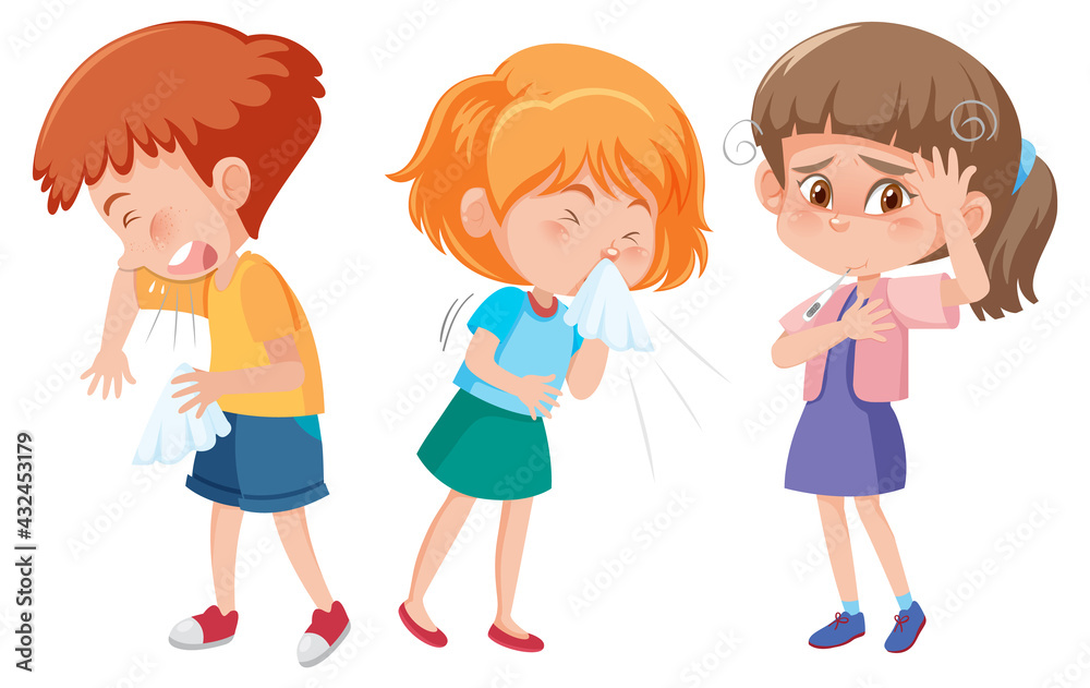 Set of different kids cartoon character have flu symptom Set of different kids cartoon character have flu symptom