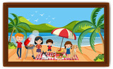 Happy family picnic at the beach scene photo in a frame