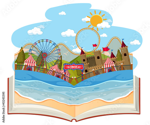 Open book with amusement park scene