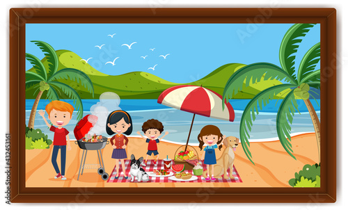 Happy family picnic at the beach scene photo in a frame