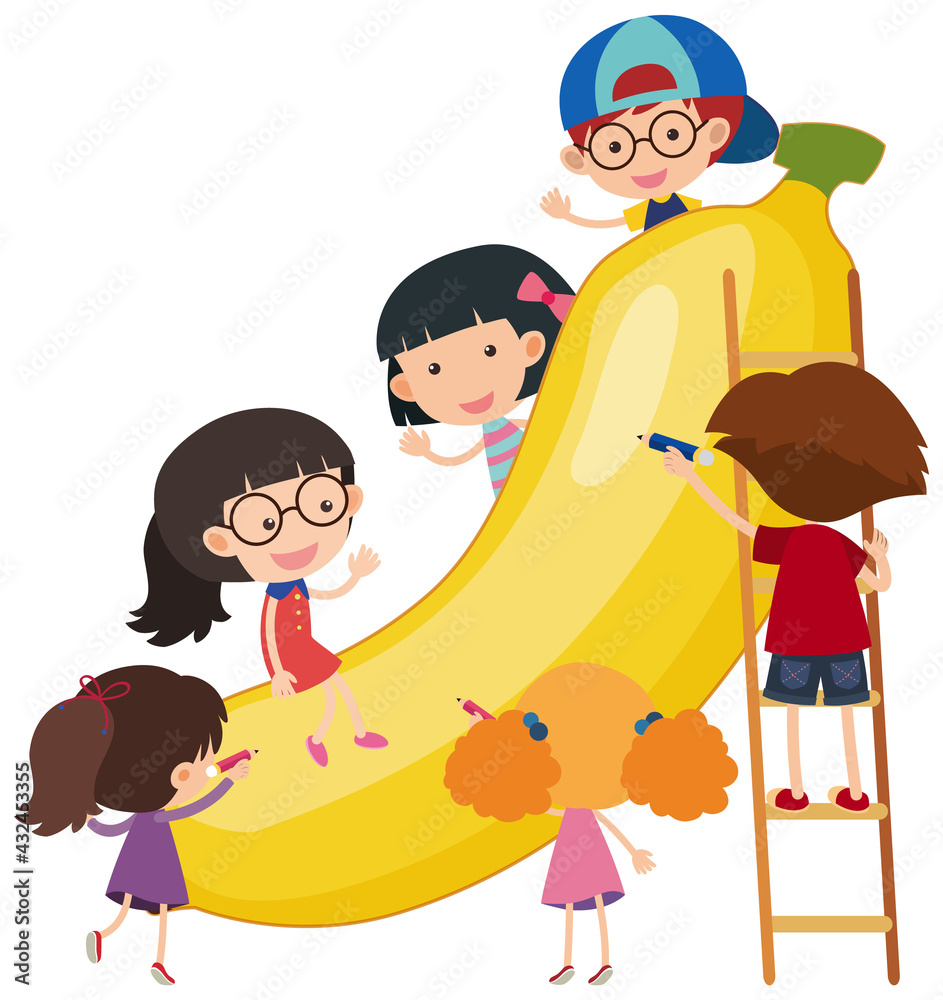 Banana with many children cartoon character isolated Banana with many children cartoon character isolated