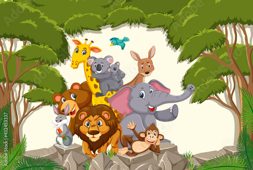 Wild animals group in the forest scene