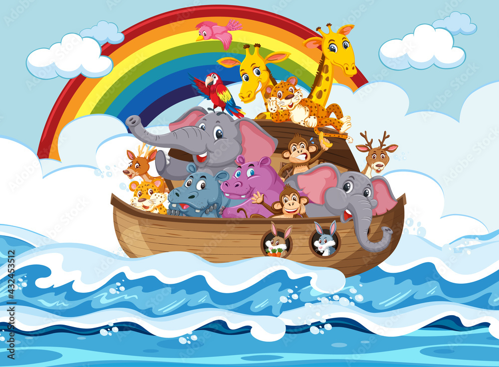 Naklejka premium Animals on Noah's ark floating in the ocean scene