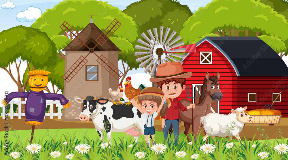 Farm scene with many kids cartoon character and farm animals Farm scene with many kids cartoon character and farm animals