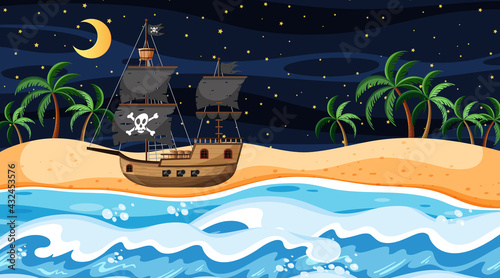 Ocean with Pirate ship at night scene in cartoon style