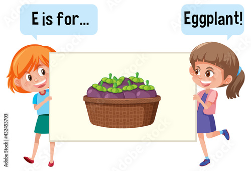 Cartoon character of two kids spelling fruit vocabulary