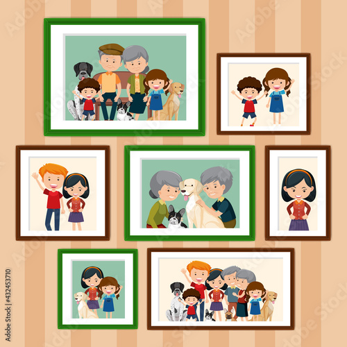 Set of happy family pictures in frames cartoon style