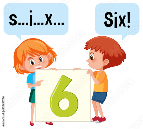 Cartoon character of two kids spelling the number six
