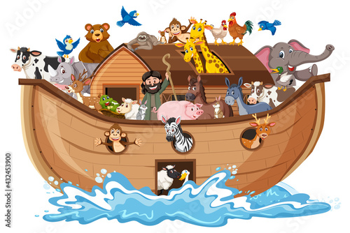 Animals on Noah's ark with sea wave isolated on white background