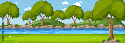 Forest along the river horizontal scene at day time with many trees