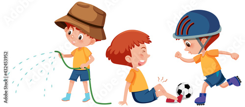 Set of a boy cartoon character doing different activities