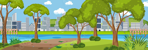 City park horizontal scene with cityscape background at day time