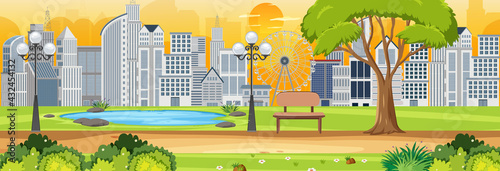 Autumn season with city park at sunset time horizontal scene