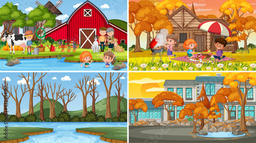 Set of different nature scenes cartoon style